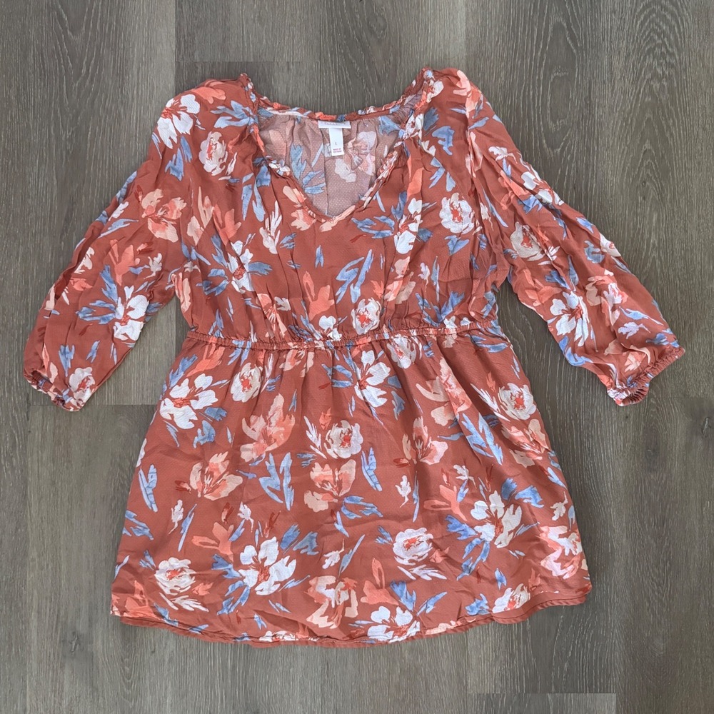 Isabel Maternity Tunic Women Large Orange Floral V-Neck 3/4 Sleeve Empire Waist